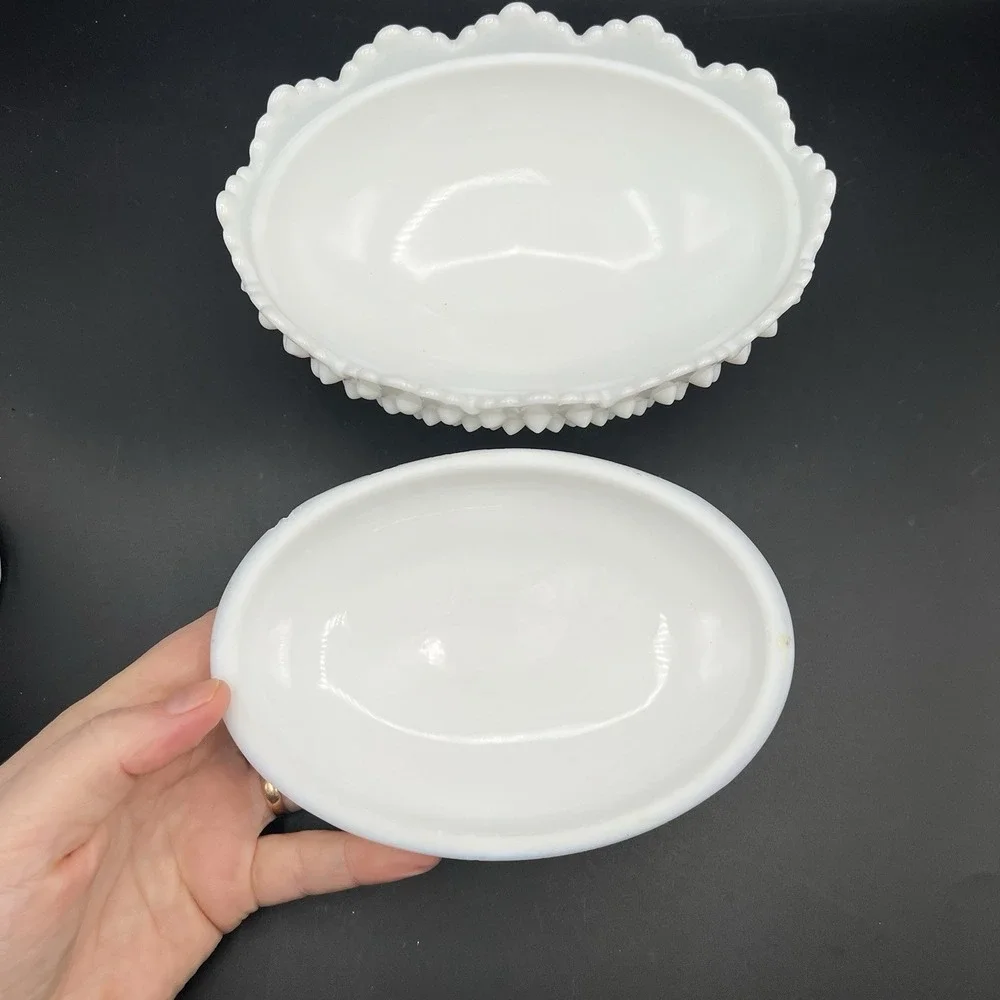 VTG Fenton White Milk Glass Hobnail Oval Footed‎ Covered Candy Dish with Lid